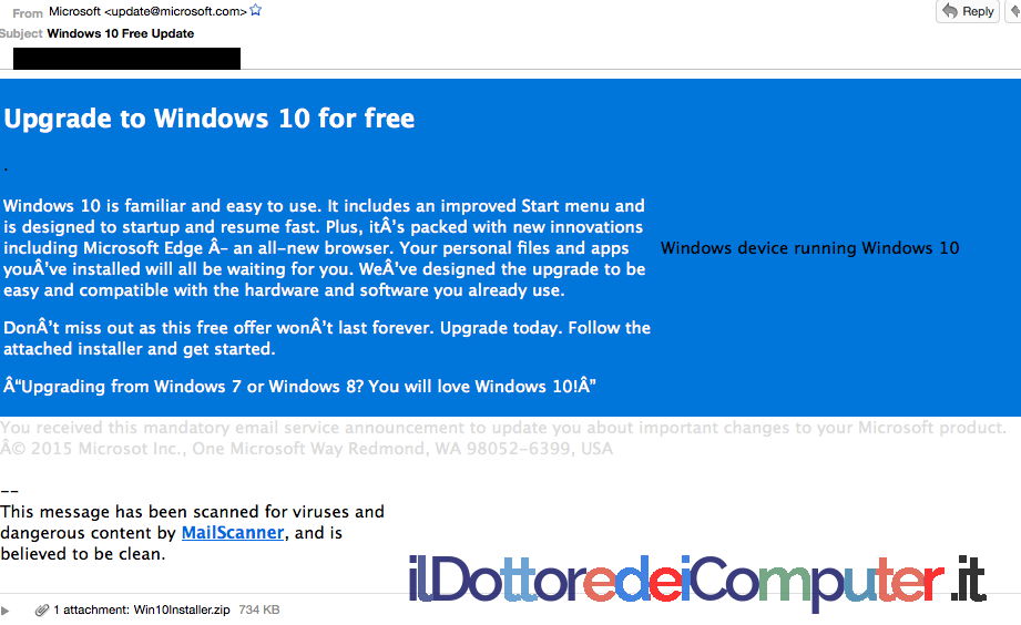 Mail aggiornamento Windows 10 con Malware
