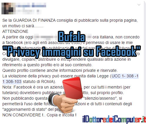 Il post su Facebook riguardo la “Privacy delle Immagini”