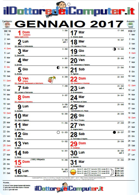 Calendario 2017 del Dottore dei Computer