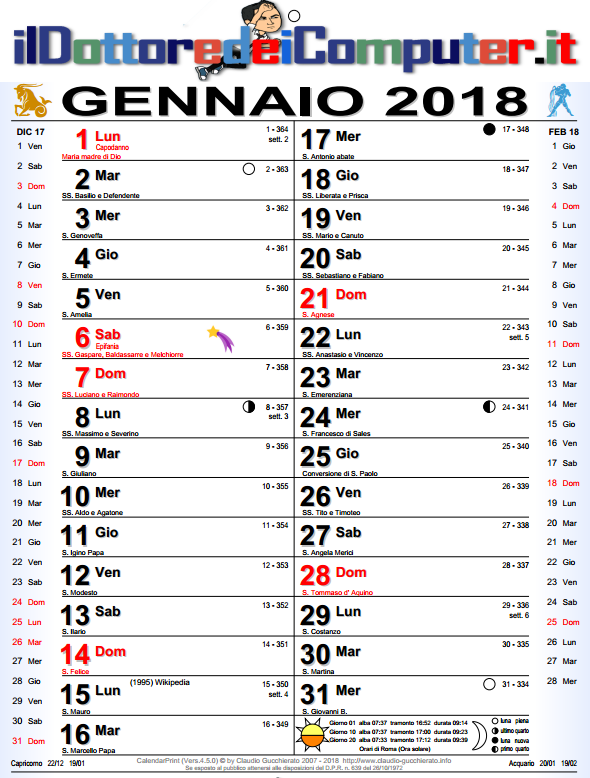 Calendario 2018 del Dottore dei Computer