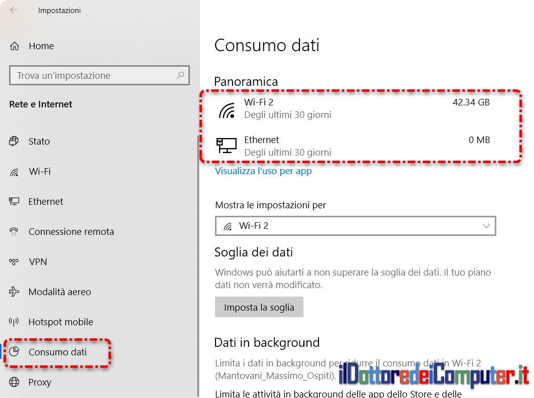 Gestione traffico Dati in Windows 10