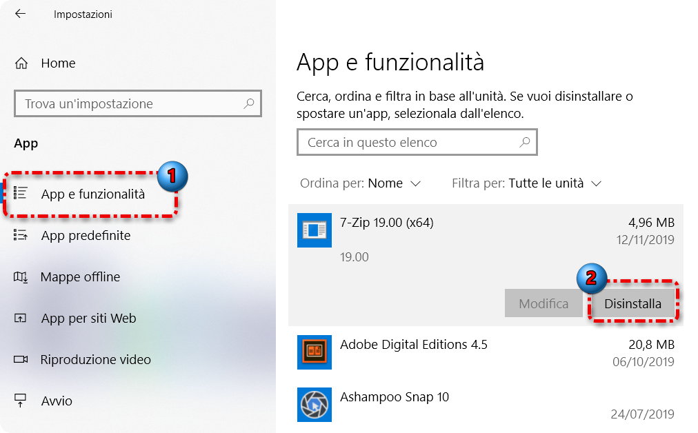 Disinstallare app e programmi in Windows 10